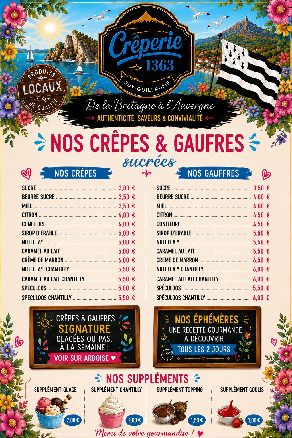 Carte complète des crêpes et gaufres